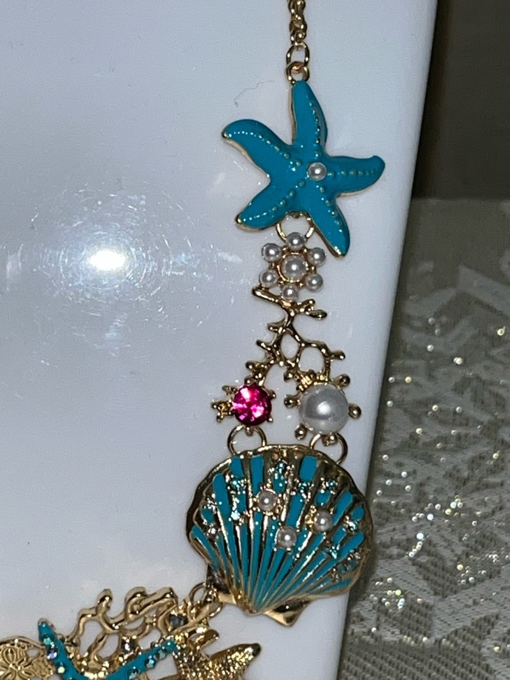 Chic Beach Turquoise Starfish Rhinestone Pearl Mermaid Seashell Necklace NEW! - Picture 5 of 7
